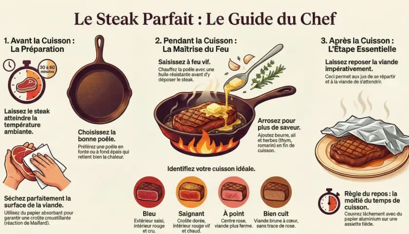 Un steak saignant, cuit à la perfection, avec une croûte dorée et un intérieur rouge vif. Le guide du chef pour une viande savoureuse.