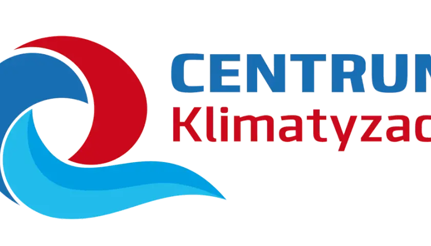 Logo "Centrum Klimatyzacji" z niebiesko-czerwonym symbolem i tekstem.