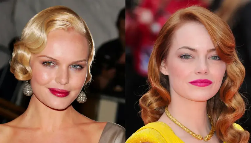Dos mujeres con peinados años 20: una rubia con ondas marcadas y otra pelirroja con rizos elegantes.