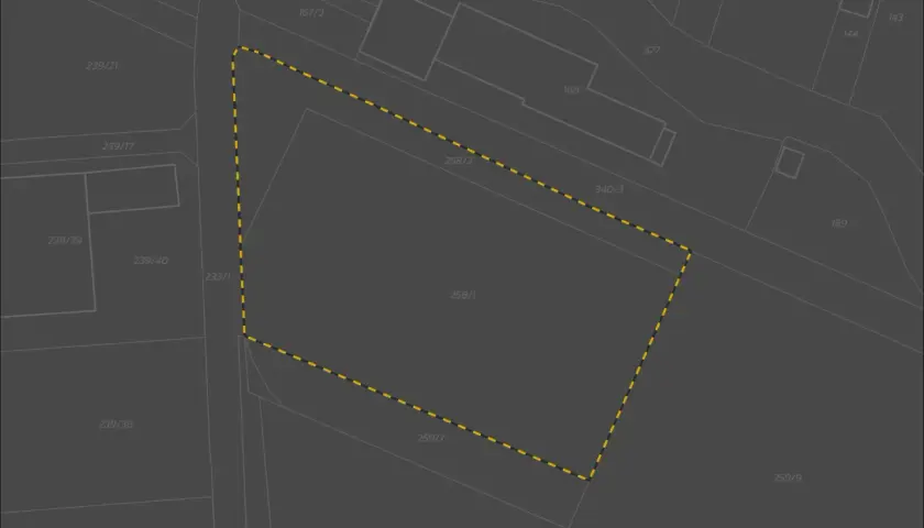 Mapa ewidencyjna z zaznaczoną działką 258/1. Jak sprawdzić kto jest właścicielem działki? Sprawdź numer działki na mapie.