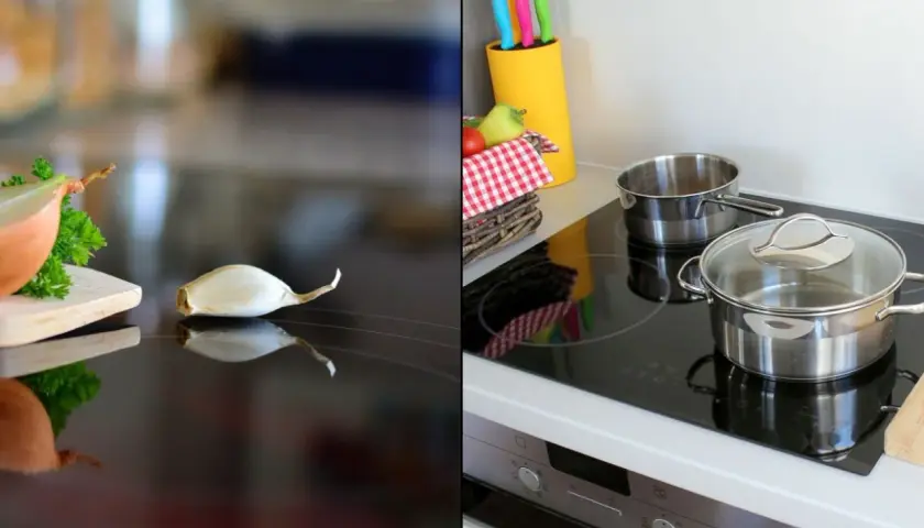 Cebula i czosnek na płycie ceramicznej czy indukcyjnej. Garnki gotowe do użycia.