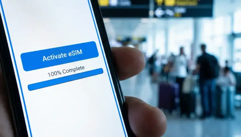 Aktywacja eSIM na telefonie w tle lotniska, gotowość do podróży i roaming Ukraina.