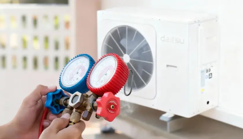 Manos sostienen manómetros conectados a un aire acondicionado Daitsu. Los aires acondicionados vienen con gas, esencial para su funcionamiento.