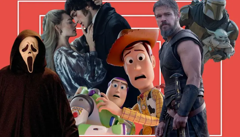 Postacie z filmów: Duch, para zakochanych, Woody i Buzz Astral, Mandalorianin z Grogu, mężczyzna w zbroi.