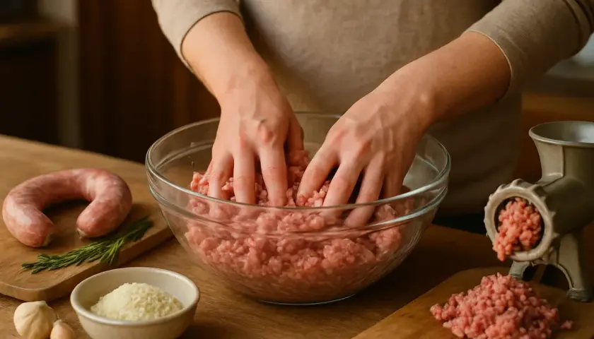 Préparation d'une recette avec du saucisson sec. Mains mélangeant de la viande hachée dans un bol, avec des ingrédients comme de l'ail et du fromage râpé à proximité.