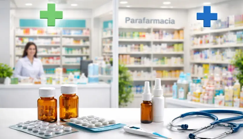 Farmacia con scaffali pieni di prodotti. Sul bancone, integratori, blister di pillole, spray nasali, termometro e stetoscopio. Gli integratori sono parafarmaci.