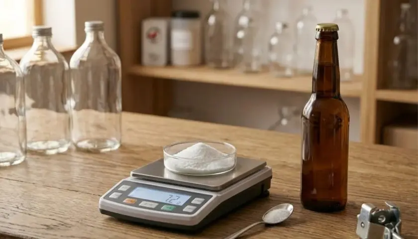 Balance de précision pesant une poudre blanche, peut-être la formule sucre pour une boisson. Bouteilles vides et une bouteille de bière ambrée à proximité.
