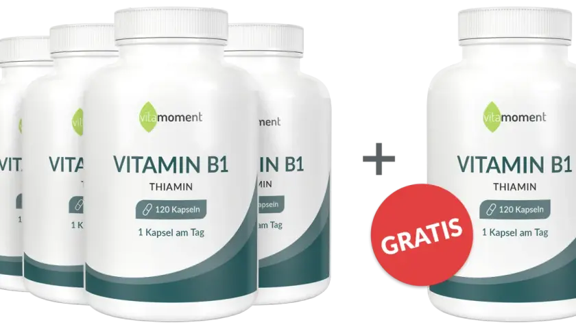 Flaschen mit Vitamin B1 (Thiamin) Kapseln. Gut für den Blutdruck. Gratis-Angebot.