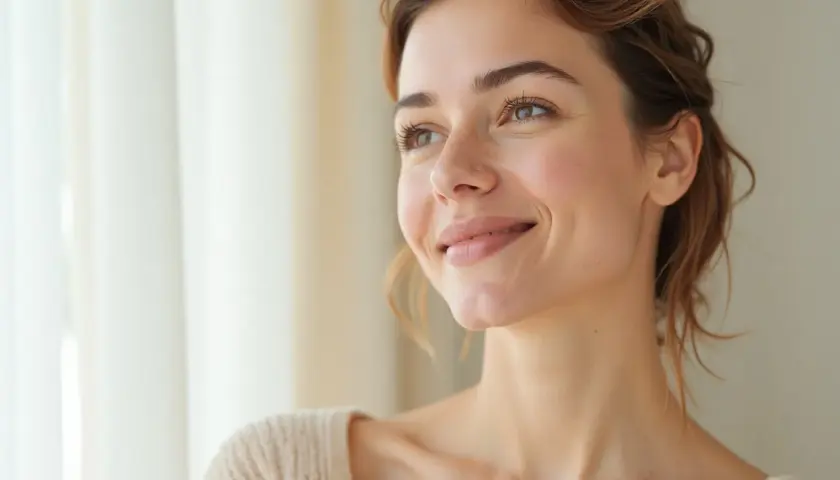 Mujer sonriente, con piel radiante. El ácido hialurónico para que sirve: hidrata y da volumen, logrando esta luminosidad natural.