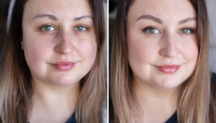 Przed i po: subtelny, prosty makijaż podkreśla naturalne piękno, dodając delikatnego blasku.