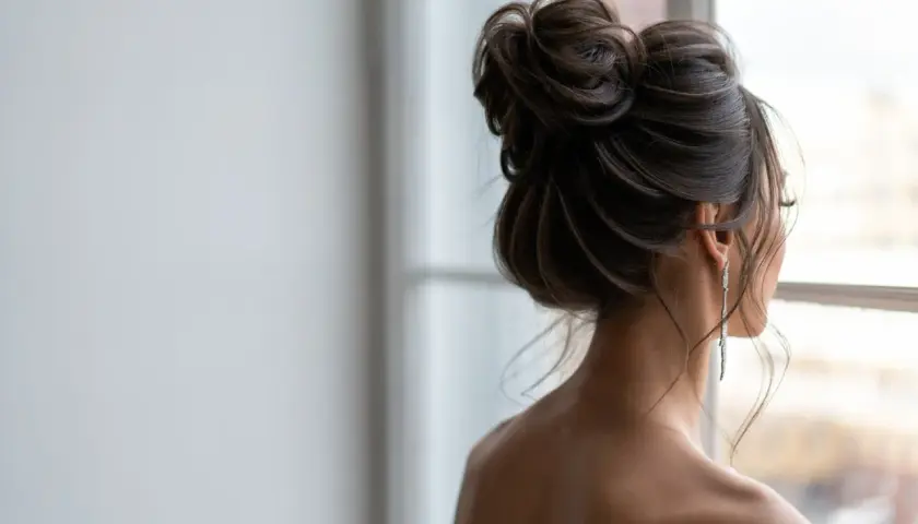 Elegancki messy bun jak zrobić? Luźno upięte włosy, delikatne pasma opadające na ramiona, długie kolczyki.