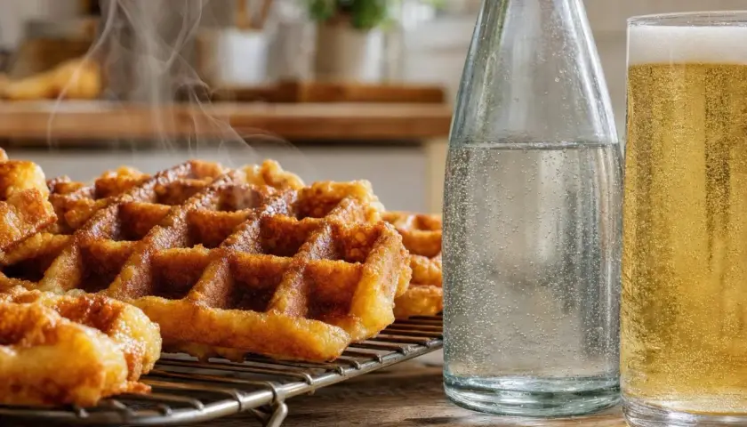 Gaufres croustillantes fumantes sur une grille, accompagnées d'une bouteille d'eau pétillante et d'un verre de bière dorée. Parfait pour une recette de gaufres croustillantes.