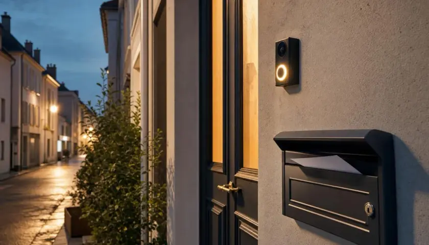 Sonnette connectée avec éclairage, boîte aux lettres et rue pavée la nuit. Un repérage discret pour dissuader tout cambriolage.