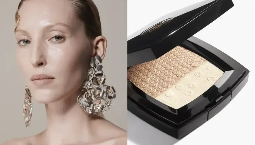Modelka z ekstrawagancką biżuterią i rozświetlacz Chanel – dowiedz się, jak dobrać rozświetlacz do twarzy, by uzyskać efekt glow.