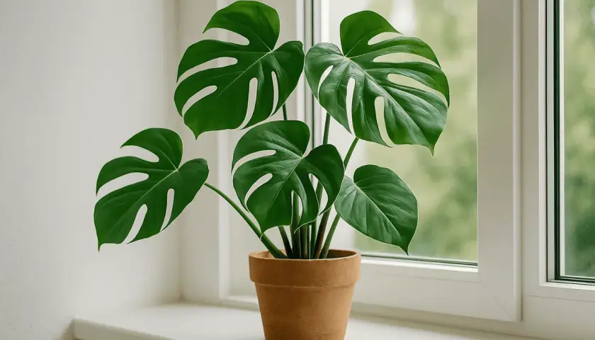 Grüne Monstera-Blätter in einem Terrakotta-Topf auf einer Fensterbank. Der ideale Standort für diese Pflanze ist hell, aber ohne direkte Sonneneinstrahlung.