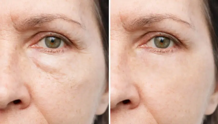Comparación de ojos: antes y después de aplicar un método para como drenar las bolsas de los ojos. Se observa una piel más lisa y firme.