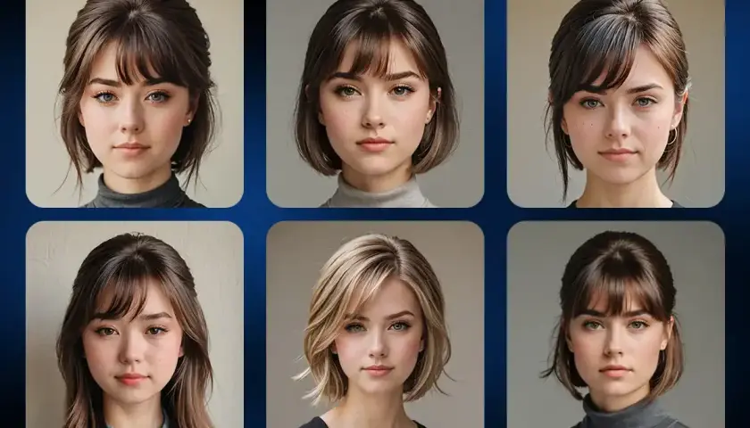 Seis retratos de mujeres con distintos tipos de flequillo, desde rectos y cortos hasta desfilados y laterales.