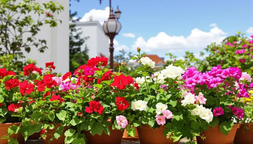 Des géraniums colorés en pots, prêts pour l'arrosage, sous un ciel bleu.