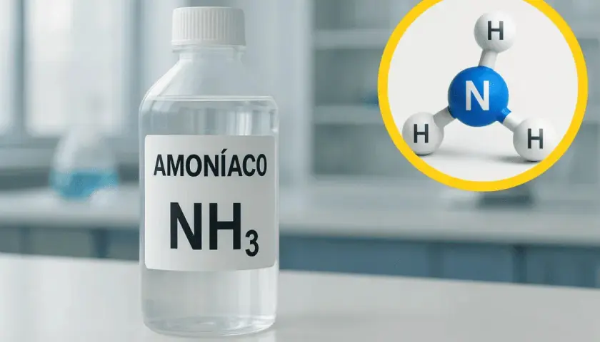 Botella con amoníaco (NH₃) y modelo molecular. Descubre las propiedades del amoniaco.