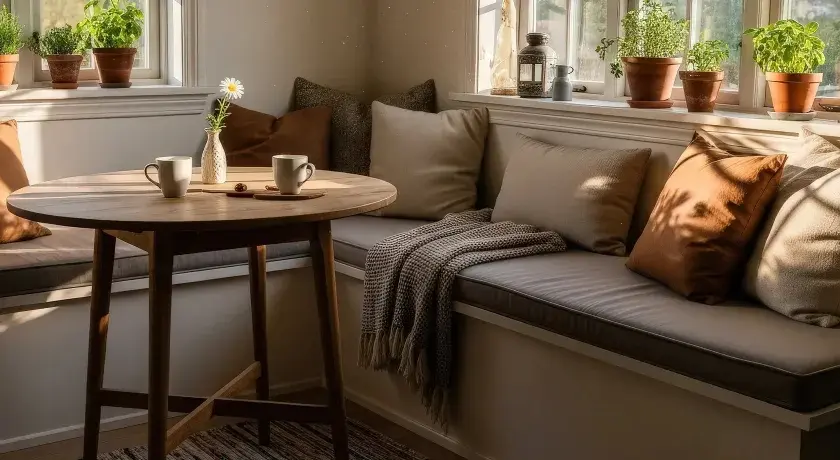 Gemütliche Ecke mit Kissen und Decke, inspiriert vom Gedanken, eine **Eckbank selber bauen** zu wollen. Ein runder Tisch mit Tassen und einer Blume.