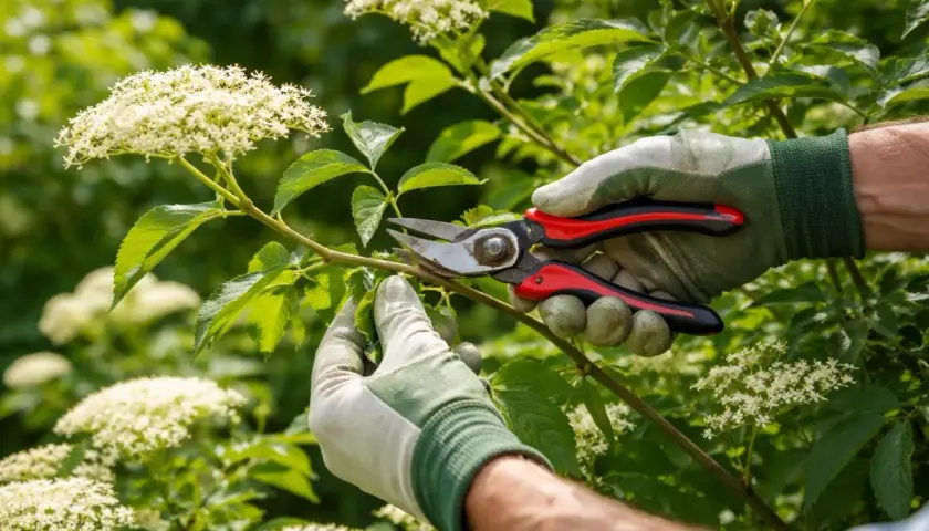 Hände mit Handschuhen schneiden mit einer Gartenschere einen Ast eines blühenden Holunderstrauchs.