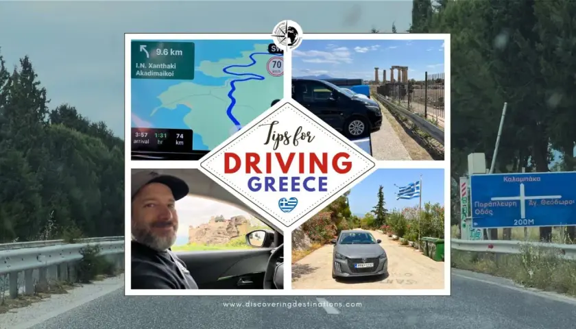 Tips for driving in Greece: navigation, ancient ruins, and scenic routes. Is it easy to drive in Greece? This collage shows diverse landscapes and road signs.