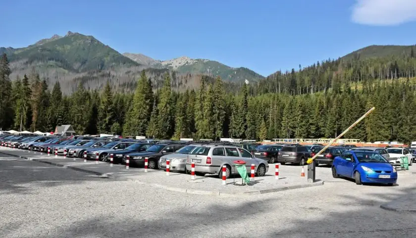 Duży parking na Łysej Polanie, pełen samochodów, z widokiem na góry i las.