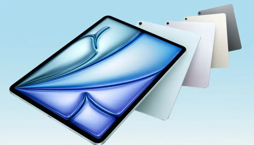 Kilka tabletów iPad 11 256GB w różnych kolorach, z niebieskim, falującym wzorem na ekranie.