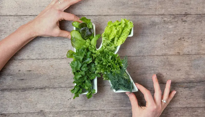 Verdure fresche a forma di K, per ricordare che la vitamina K2 a cosa serve: salute delle ossa e del cuore.