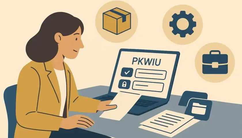 Kobieta pracuje przy komputerze, wpisując dane do systemu PKWIU. Ikony symbolizują branże, a dokumenty i teczka sugerują analizę danych.