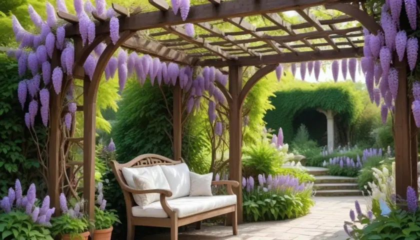 En vacker blåregn pergola med en träbänk under, omgiven av lila blommor och grönska. En idyllisk plats att njuta av trädgården.