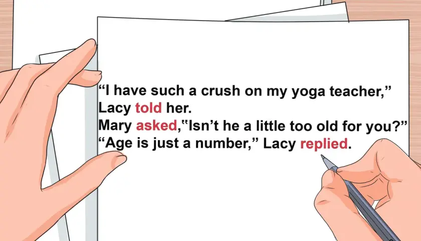 Exemple de dialogue avec ponctuation correcte. Lacy avoue son béguin pour son professeur de yoga, Mary s'interroge sur l'âge.