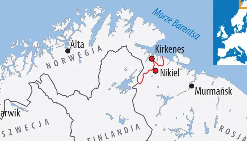Mapa pokazuje, z kim graniczy Norwegia: Szwecja, Finlandia i Rosja. Widać też Morze Barentsa.
