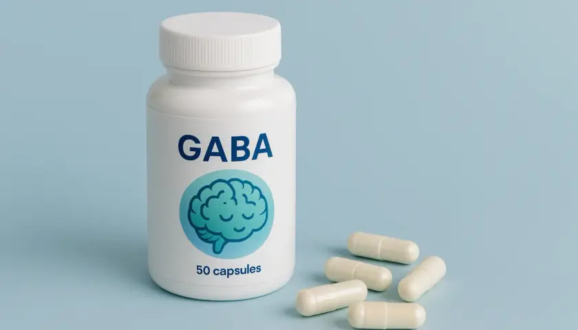 Biała butelka z napisem GABA i grafiką mózgu, obok kilka kapsułek. Zastanawiasz się gaba co to?