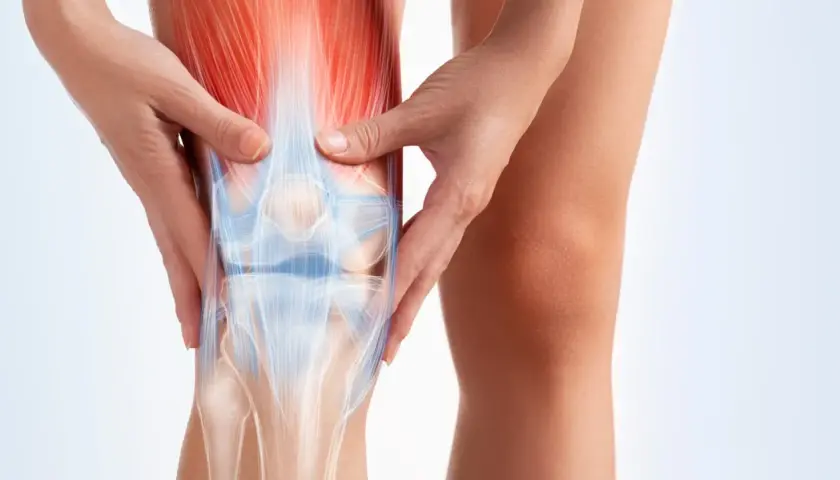 Manos que alivian dolores musculares y articulares en la rodilla, mostrando la anatomía ósea y muscular.