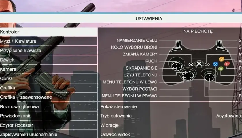 Ustawienia kontrolera GTA V na Xbox One. Menu zawiera opcje jak "Mysz/Klawiatura", "Grafika", "Edytor Rockstar". Nie ma tu bezpośrednich instrukcji jak zainstalować mody do GTA 5 na Xbox One.