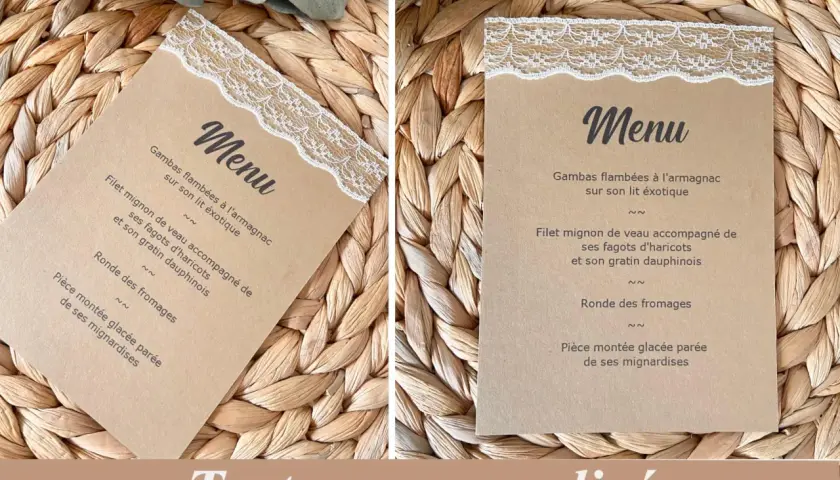 Menu mariage champêtre sur fond de paille tressée, avec dentelle blanche. Le menu propose gambas, filet mignon, fromages et pièce montée glacée.