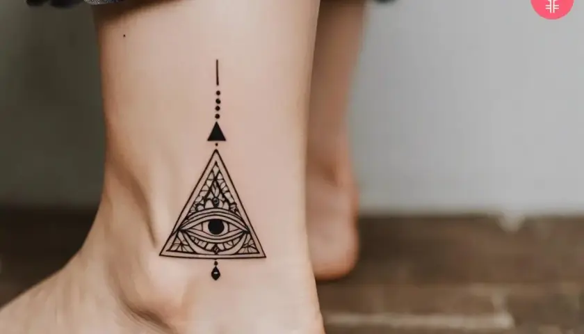 Delikatny tatuaż na kostce, przedstawiający oko opatrzności w trójkącie, symbolizujący tajemnicę i wiedzę. To subtelne nawiązanie do symboliki iluminati.