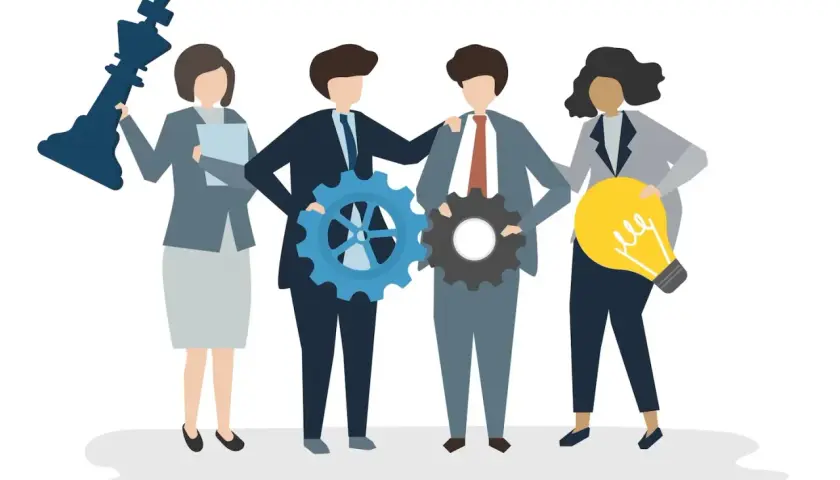 Teamwork illustrates how chain of command works: a king chess piece, gears, and a lightbulb symbolize strategy, execution, and innovation.