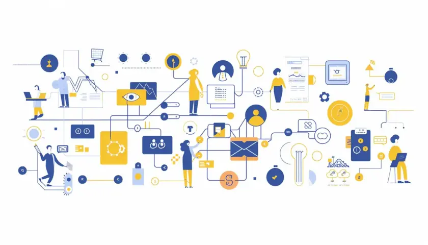 Illustration d'un réseau complexe de processus, symbolisant la publicité programmatique. Des icônes et des personnages interagissent dans un flux de données.