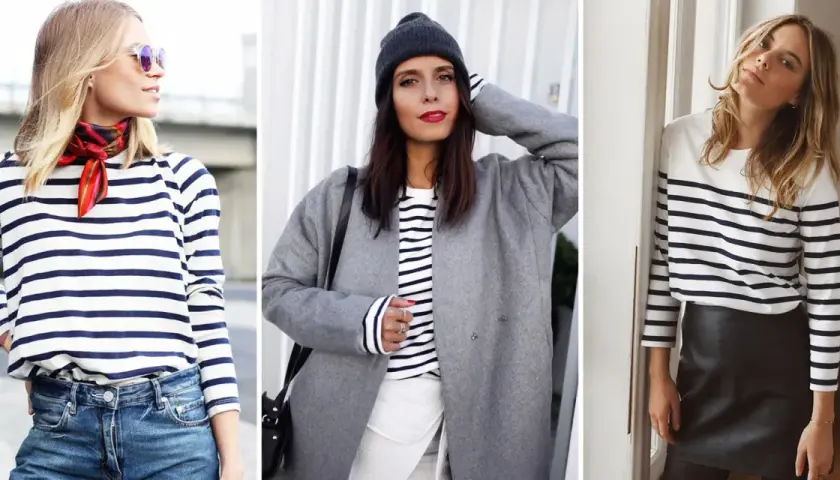 Trois femmes adoptent un look avec marinière : l'une avec un foulard coloré et jean, l'autre avec un manteau gris et bonnet, la troisième avec une jupe en cuir.