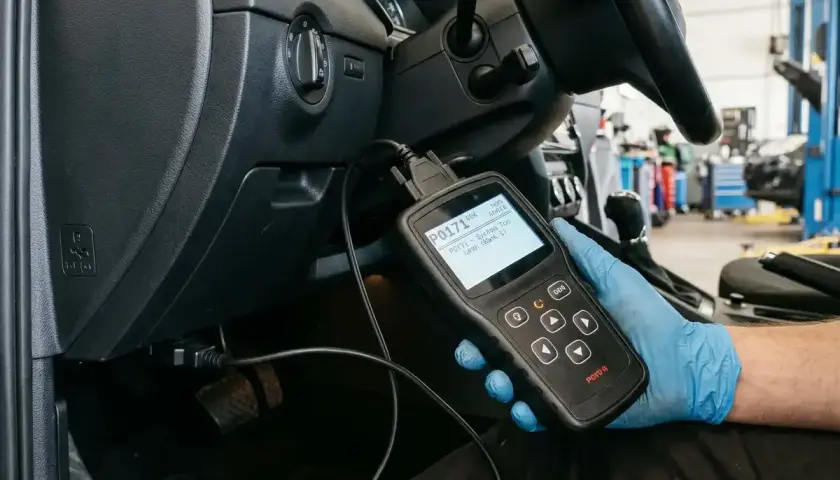 Mechanik w rękawiczce diagnostycznej sprawdza kod błędu P0171 w samochodzie.