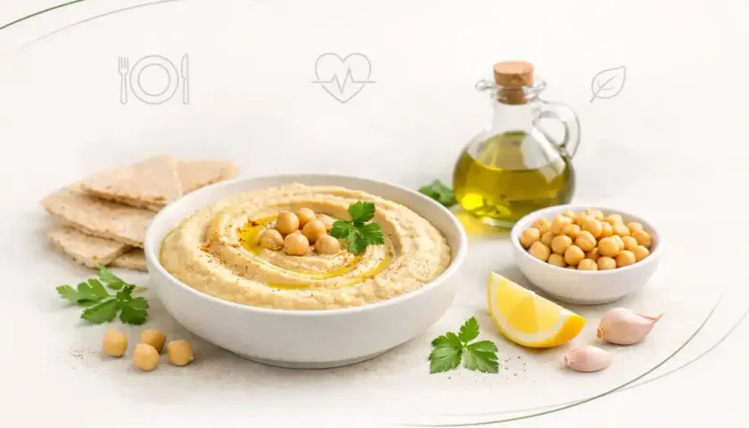 Pyszny hummus z ciecierzycą, oliwą i cytryną. Czy hummus jest zdrowy? Tak, to bogactwo białka i błonnika!