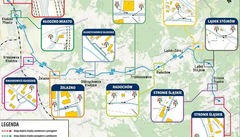 Mapa pokazuje trasy autobusów i pociągów, pomagając sprawdzić, gdzie jest pociąg i jak do niego dotrzeć.