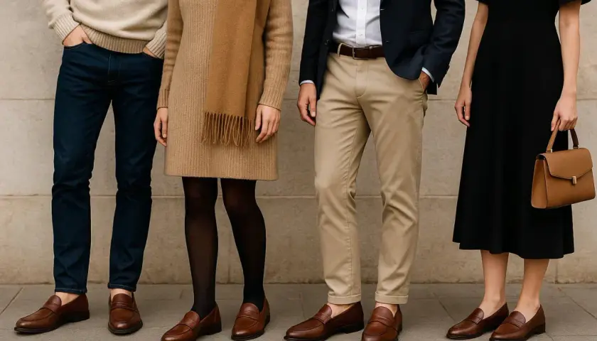 Un homme en jean noir et chaussure marron, aux côtés d'autres personnes élégantes.