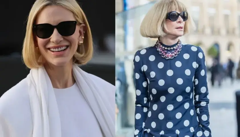 Dwie kobiety w stylowych fryzurach french bob. Jedna w białej kreacji, druga w granatowej w grochy.