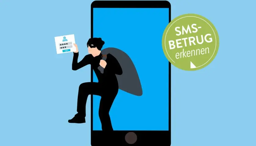 Ein Dieb klettert aus einem Smartphone, das eine Login-Seite zeigt. Vorsicht vor SMS-Betrug!