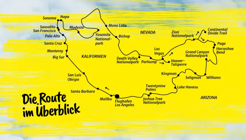Karte zeigt eine Route durch Kalifornien, Nevada und Arizona, die viele berühmte nationalparks usa wie Yosemite und Grand Canyon umfasst.