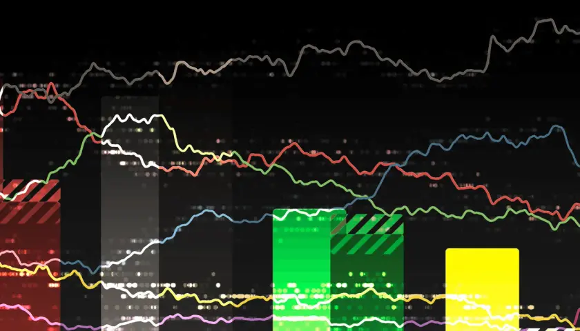 Bunte Linien auf schwarzem Hintergrund, die Daten einer Ipsos Umfrage darstellen. Balken und Punkte visualisieren die Ergebnisse.