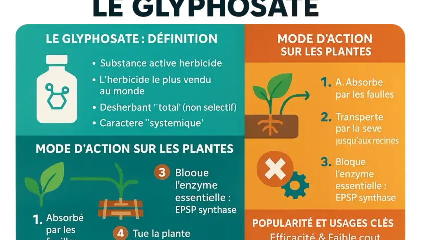 Infographie expliquant le glyphosate, son mode d'action sur les plantes et sa popularité en France.